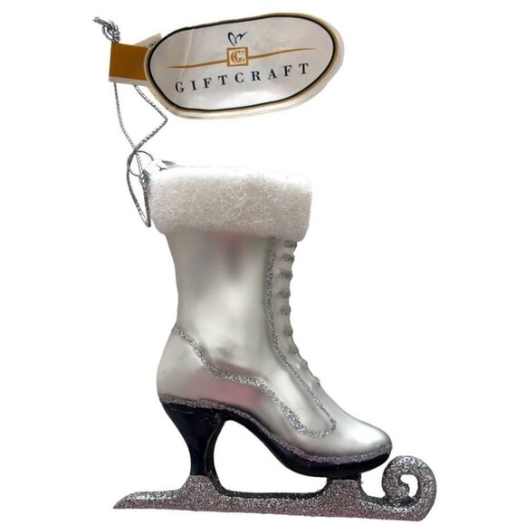 GLASS FIGURE SKATE ORNAMENT WITH SILVER GLITTER - Picture 1 of 13
